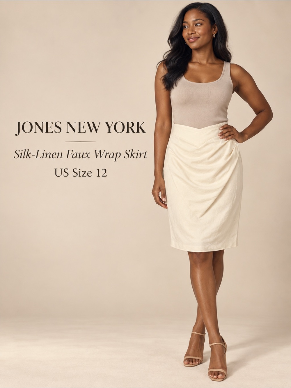 Jones New York Ivory Silk Linen Faux Wrap Skirt Size 12 NWT
